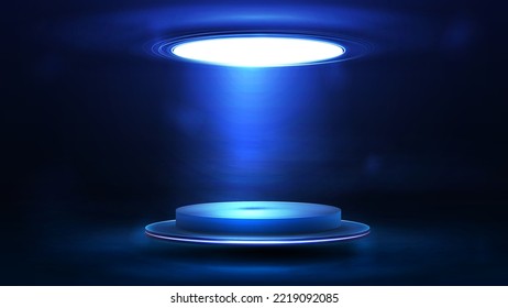 Blue floating in the air empty podium with circle ceiling lamp in dark and blue scene