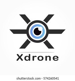 blue floating eye or lenses with horizontal frame on capital X letter for x drone logo vector