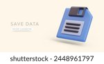 Blue floppy disk in 3d realistic style isolated on light background. Vector illustration