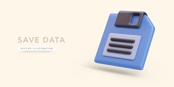 Blue Floppy Disk In 3d Realistic Style Isolated On Light Background. Vector Illustration