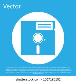 Blue Floppy disk in the 5.25-inch icon isolated on blue background. Floppy disk for computer data storage. Diskette sign. White circle button. Flat design. Vector Illustration