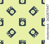 Blue Floppy disk for computer data storage icon isolated seamless pattern on yellow background. Diskette sign.  Vector