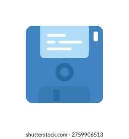 blue floppy disk icon with label and data lines representing save progress file storage used in gaming retro computing data backup software program and classic vintage technology symbol design