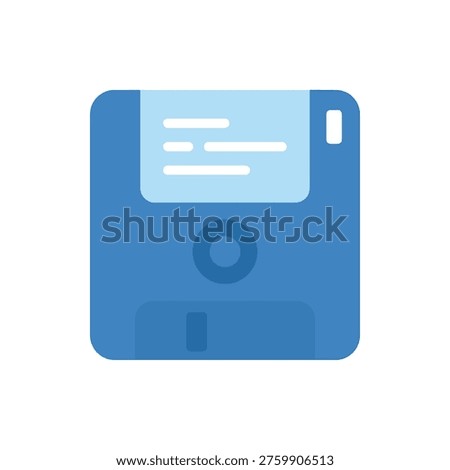 blue floppy disk icon with label and data lines representing save progress file storage used in gaming retro computing data backup software program and classic vintage technology symbol design