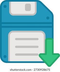Un icono de disquete azul con una etiqueta blanca y una flecha verde que apunta hacia abajo, que simboliza el almacenamiento de datos, la descarga de archivos o la transferencia de información en un contexto digital.