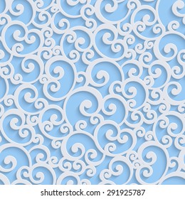 Blue Floral 3d Seamless Pattern Background. Vector Curl Decoration For Wallpaper or Invitation Card. Swirl Design