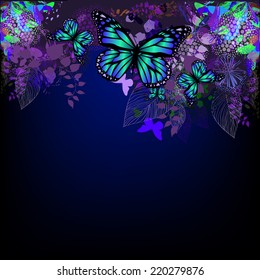 Blue floral abstraction with butterflies. Vector