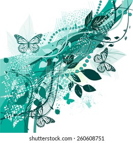 Blue floral abstraction with butterflies. Vector