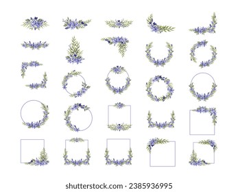 Blue Floral Arrangement Watercolor Style. Flower Wreaths Collection Vector Illustration on White Background.