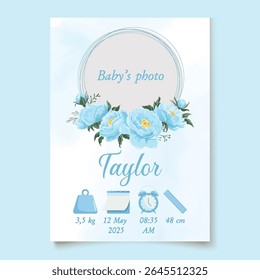Blue floral baby birth detail card with photo frame and "It's a boy" text, perfect for newborn announcement and keepsake