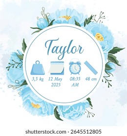 Blue floral baby birth details poster with peonies and baby boy announcement card, perfect for newborn celebration or nursery decor