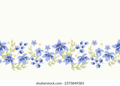 Blue Floral background border frame. Pastel blue orchid flowers Ikat design paisley embroidery with floral motifs. pattern seamless vector illustration watercolour on white background copy space. 