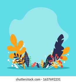 Blue floral background with colorful plants and leaves. Square illustration with copy space for text. Vector backdrop for greeting cards, posters, banners, template for social media posts. 