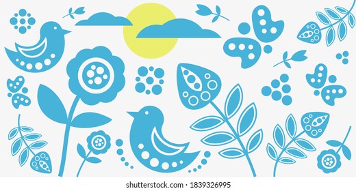 Blue floral background in folk style. Floral pattern. Ethnic, folk plants, birds, flowers and butterfly pattern. Decoration backdrop. Decorative wallpaper. Textile template. Botanic wallpaper. Texture