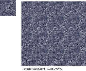 The blue floral background pattern is arranged in full space, giving a feeling of blooming.