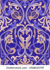 Fondo floral azul. Patrón sin foco con aves estilizadas y granadas.