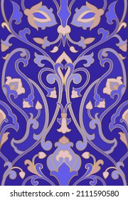 Blue floral background. Seamless pattern with stylized birds and.