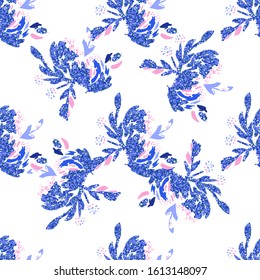 Blue floral background. Vector glitter textured seamless pattern with flowers bouquet 