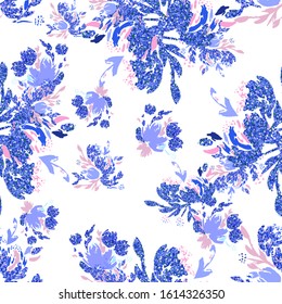 Blue floral background. Vector glitter textured seamless pattern with flowers bouquet 