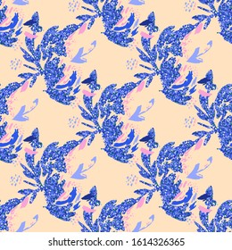 Blue floral background. Vector glitter textured seamless pattern with flowers bouquet 