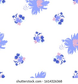 Blue floral background. Vector glitter textured seamless pattern with flowers bouquet 