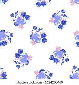 Blue floral background. Vector glitter textured seamless pattern with flowers bouquet 