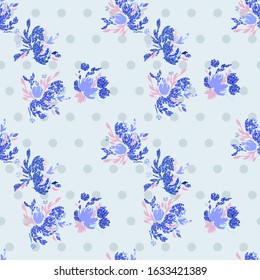 Blue floral background. Vector glitter textured seamless pattern with flowers bouquet. 