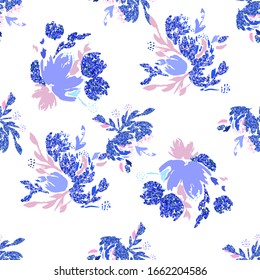 Blue floral background. Vector glitter textured seamless pattern with flowers bouquet 