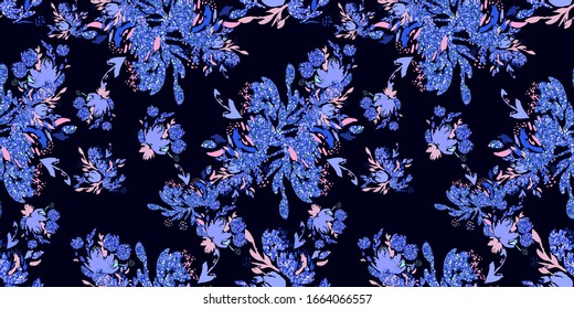 Blue floral background. Vector glitter textured seamless pattern with flowers bouquet 
