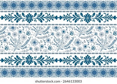 illustration de bordure florale bleue avec des pétales botaniques soulignés et des fichiers Stem dessinés à la main minimaux pour une utilisation textile à la mode

