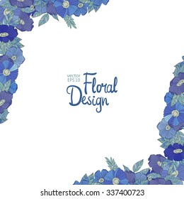 Blue floral border made with wildflowers. Watercolor design