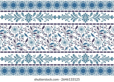 blue floral border sketch design with delicate one line flowers and minimal leaves on a clean white fabric background

