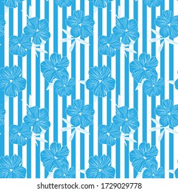 Blue Floral botanical seamless pattern with striped background for fashion prints, graphics, backgrounds and crafts