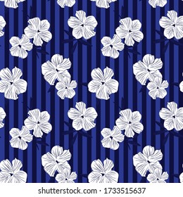 Blue Floral botanical seamless pattern with striped background for fashion prints, graphics, backgrounds and crafts