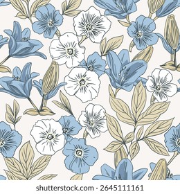 Blue floral, botanical wallpaper, delicate flowers, vintage pattern, hand drawn, inspired by nature. Vector illustration
