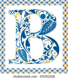 Blue floral capital letter B in frame made of Portuguese tiles