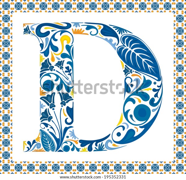 Blue Floral Capital Letter D Frame Stock Vector (Royalty Free) 195352331
