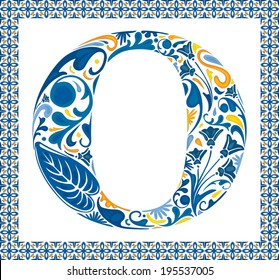 Blue floral capital letter O in frame made of Portuguese tiles