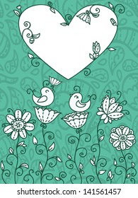 blue floral card. cute floral card with birds and heart-frame for text. with drops pattern on background