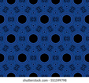 blue floral creative geometric ornament on black background. Seamless vector illustration. For modern interiors design, wallpaper, textile industry.