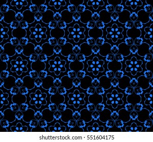 blue floral creative geometric ornament on black background. Seamless vector illustration. For modern interiors design, wallpaper, textile industry.