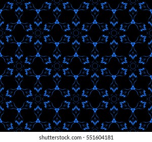 blue floral creative geometric ornament on black background. Seamless vector illustration. For modern interiors design, wallpaper, textile industry.
