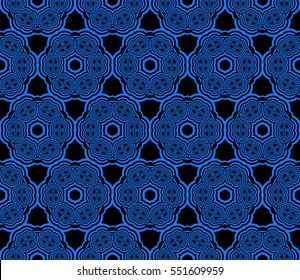 blue floral creative geometric ornament on black background. Seamless vector illustration. For modern interiors design, wallpaper, textile industry.