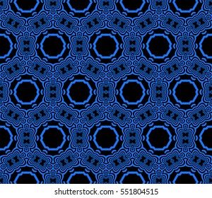 blue floral creative geometric ornament on black background. Seamless vector illustration. For modern interiors design, wallpaper, textile industry.