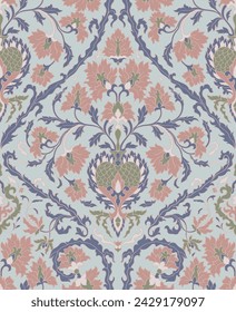 Blue floral damask ornament. Seamless vintage pattern with ornamental flowers. Victorian background for wallpaper, textile, carpet and any surface. 