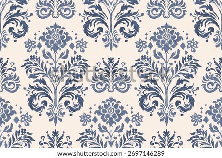 Blue Floral Damask Pattern in Vintage Ikat Style. ornate botanical motifs and soft indigo tones. traditional craftsmanship with modern sophistication.Perfect for bohemian, classic, or interior themes.