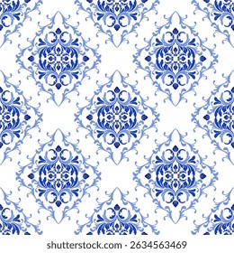 Blue floral damask Victorian-style seamless pattern with decorative floral ornament. Vector illustration. Portuguese tiles, Spanish pottery. Mediterranean style. 