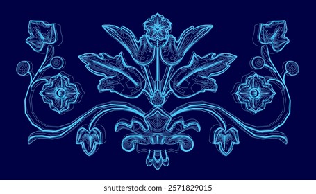 Blue floral design with a blue background. The flowers are very detailed and the background is a deep blue