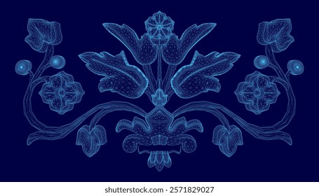 Blue floral design with a blue background. The flowers are very detailed and the background is a solid blue color