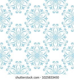 Blue floral design on white background. Seamless pattern for textile and wallpapers